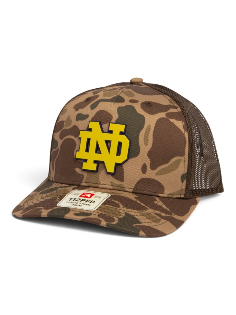 Notre Dame Fighting Irish Gold 3D Snapback Trucker Hat- Bark Duck Camo/ Brown